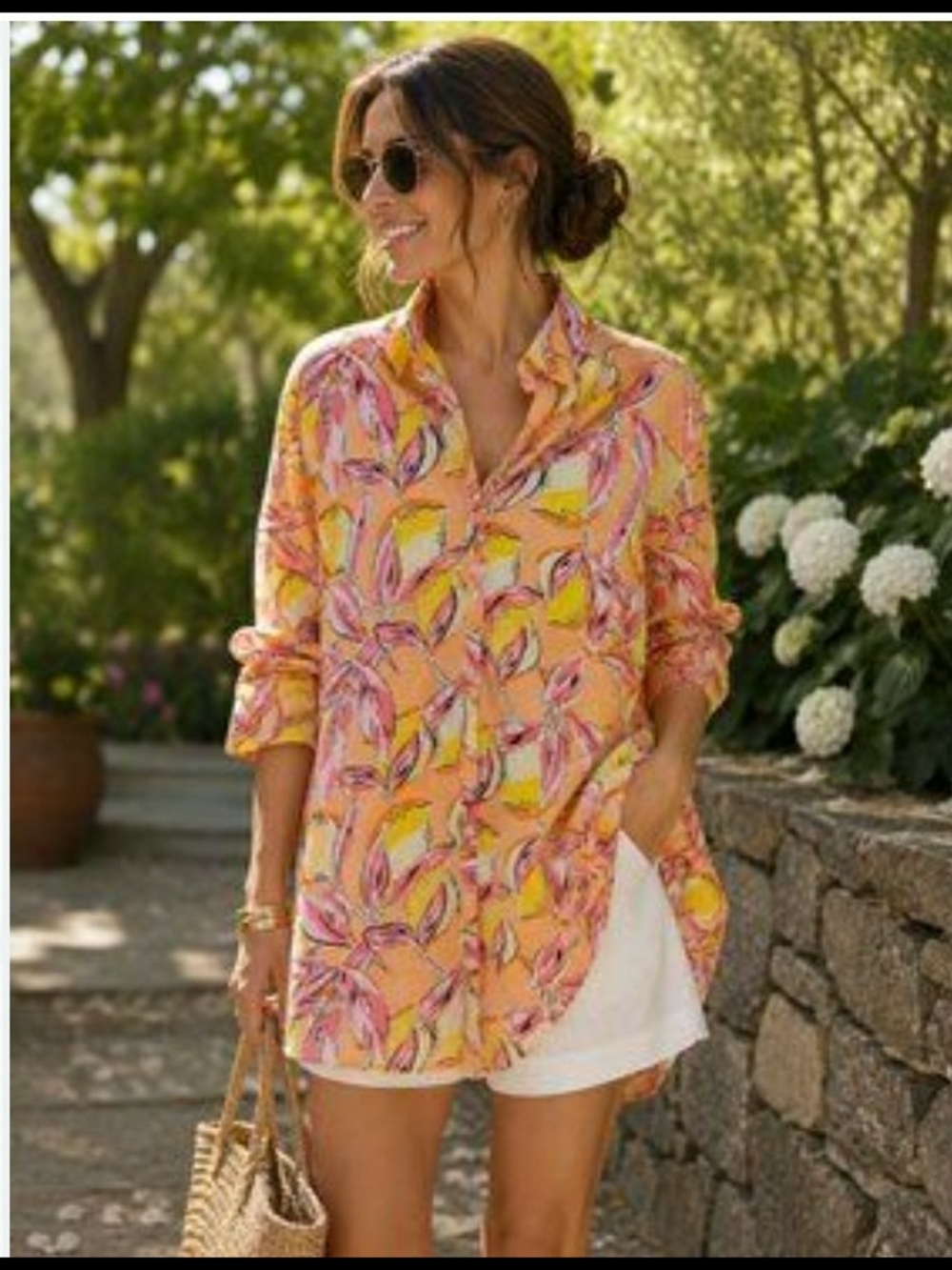 Isaac Mizrahi Women’s 100% Linen Floral Button-Up Tunic Shirt Size M